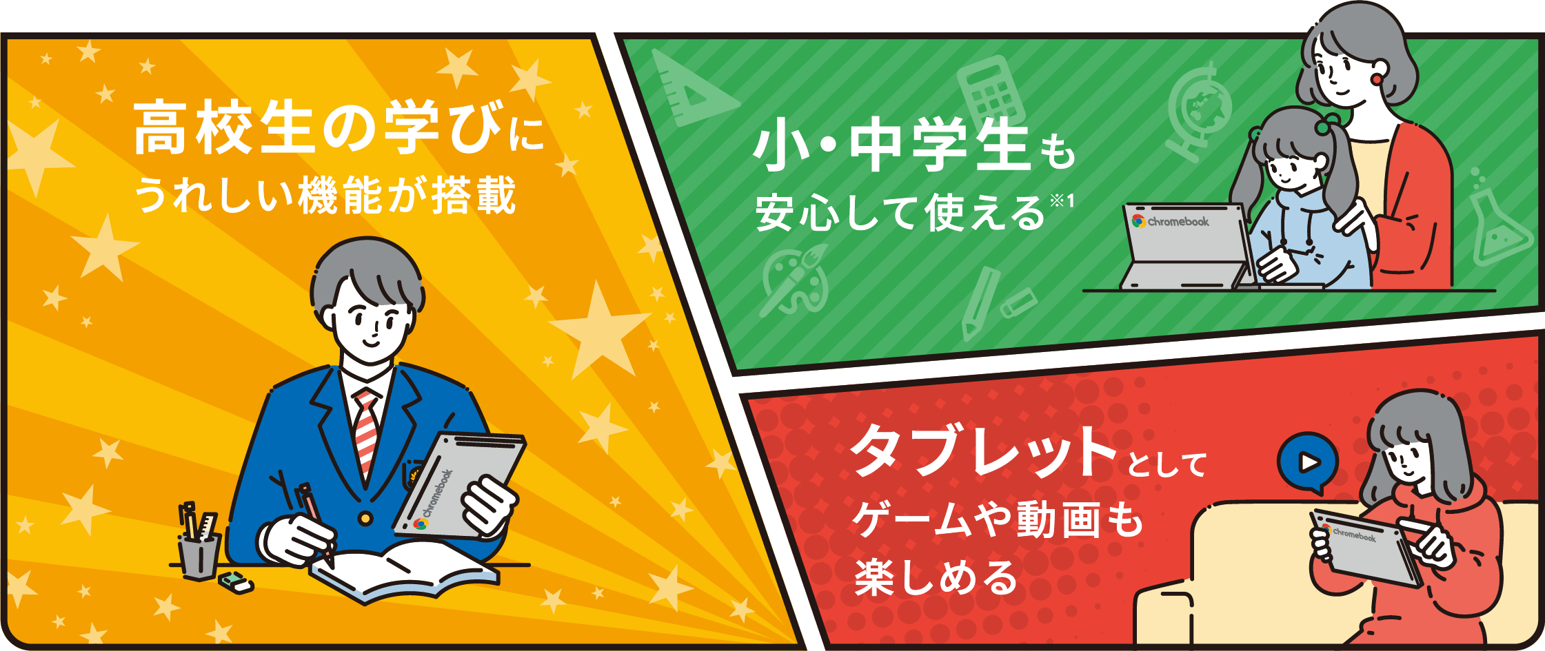 高校生の学びにうれしい機能が搭載、小・中学生も安心して使える※1、タブレットゲームや動画も楽しめる