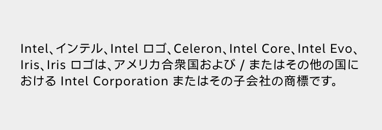 Intel、インテル、Intel ロゴ、Celeron、Intel Core、Intel Evo、Iris、Iris ロゴは、アメリカ合衆国および / またはその他の国における Intel Corporation またはその子会社の商標です。