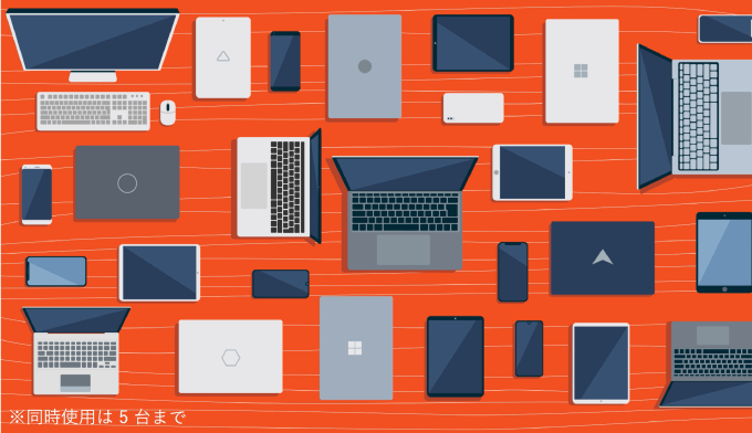 PC、スマートフォン、タブレットなどさまざまなデバイス (※同時使用は 5 台まで)