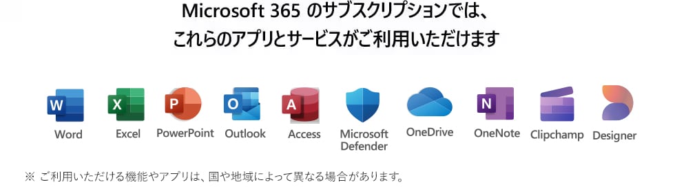 Microsoft 365のサブスクリプションでは、これらのアプリとサービスがご利用いただけます