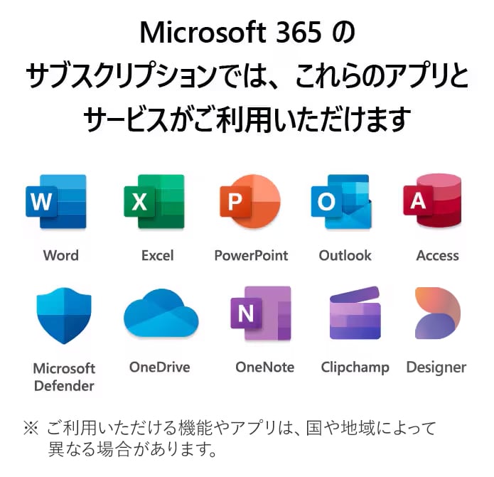 Microsoft 365のサブスクリプションでは、これらのアプリとサービスがご利用いただけます