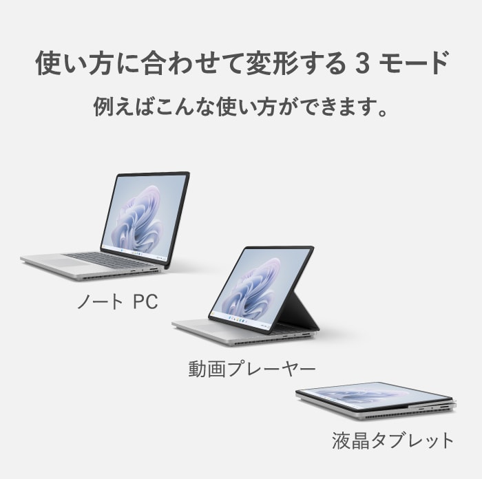 使い方に合わせて変形する 3 モード 例えばこんな使い方ができます。ノート PC 動画プレーヤー 液晶タブレット
