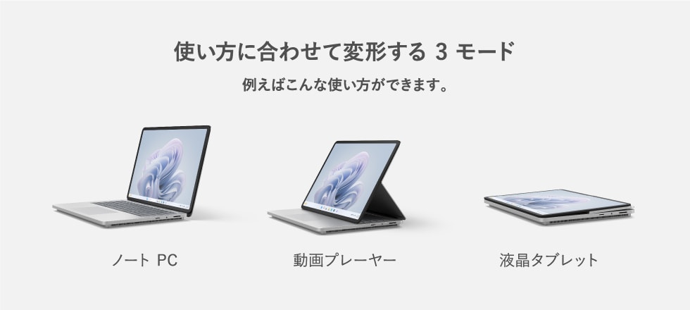 使い方に合わせて変形する 3 モード 例えばこんな使い方ができます。ノート PC 動画プレーヤー 液晶タブレット