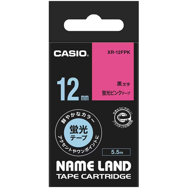 カシオネームランドテープ 蛍光色タイプ 蛍光ピンクテープ黒文字 幅12mm 長さ5.5m XR-12FPK