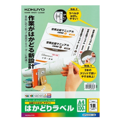 カラーレーザー&インクジェット用はかどりラベル A4 1面 100枚 KPC-E101-100