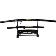 装飾刀 Japanese Ornamental Sword [龍彫 Engraved Dragon 大刀小刀セット 木製スタンド付]