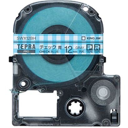 テプラPROテープ チェック青 グレー文字 12mm幅 8m SWX12BH