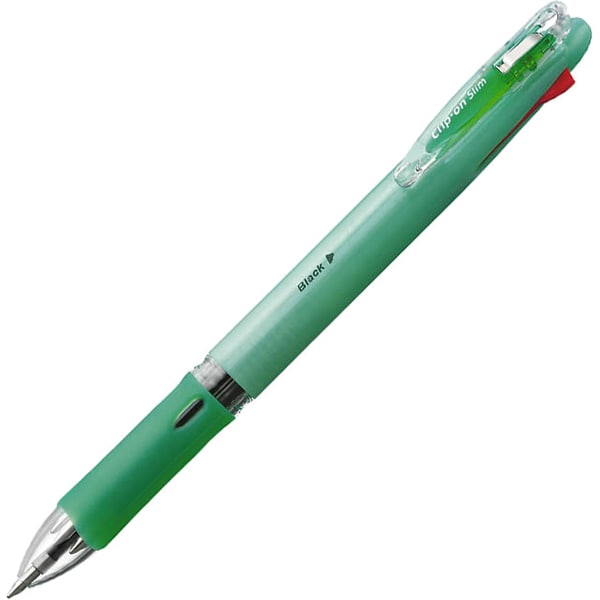 多色ボールペン クリップ-オン スリム 4C 0.7mm ノック式 インク色：4色（黒・青・赤・緑） 本体色：パステルグリーン 油性 可動式バインダークリップ採用 B4A5-WG