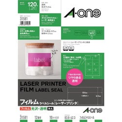 レーザープリンタラベル 透明光沢フィルム A4判 83.8×42.3mm 12面 10シート 31581