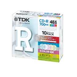 データ用CD-R 700MB 48倍速 インクジェットプリンタ対応 5mmスリムケース カラーミックス 10枚パック CD-R80CPMX10B