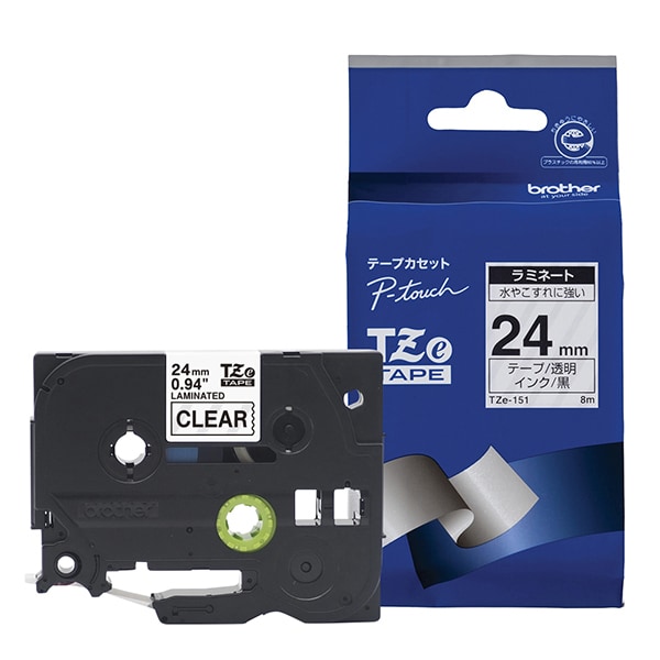 ラベルライターピータッチ用 ラミネートテープ 透明テープ 黒文字 幅24mm 長さ8m TZe-151
