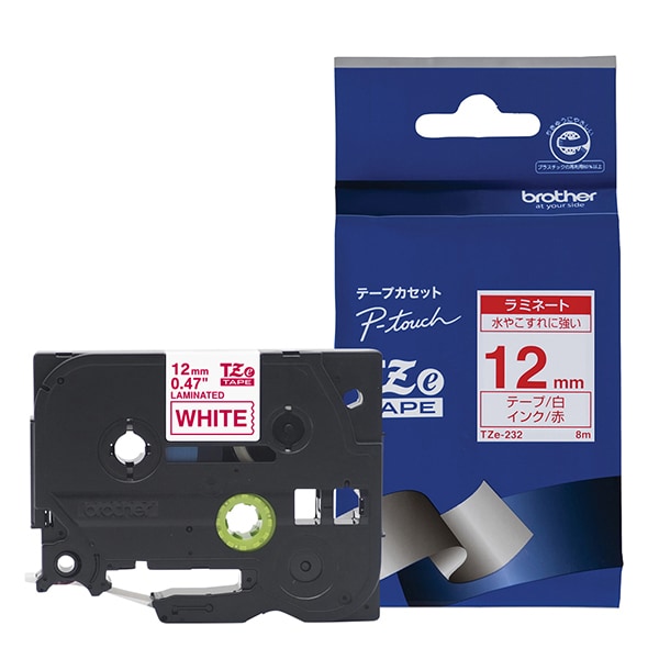 ラベルライターピータッチ用 ラミネートテープ 白テープ 赤文字 幅12mm 長さ8m TZe-232