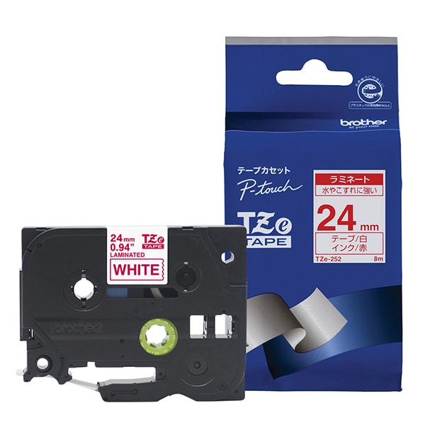 ラベルライターピータッチ用 ラミネートテープ 白テープ 赤文字 幅24mm 長さ8m TZe-252
