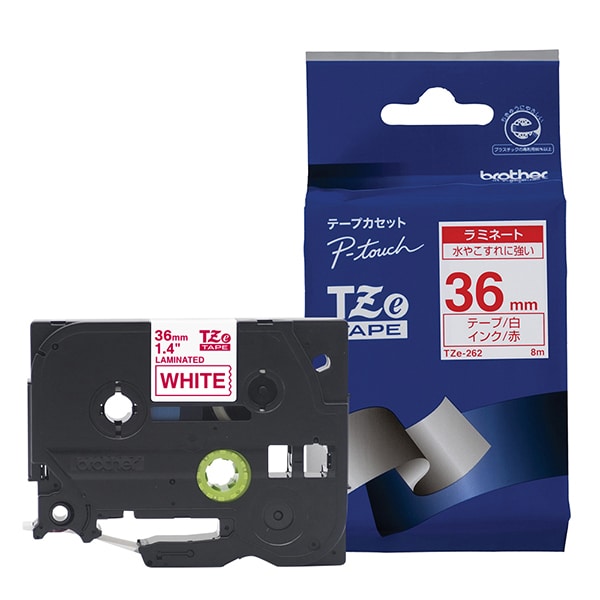 ラベルライターピータッチ用 ラミネートテープ 白テープ 赤文字 幅36mm 長さ8m TZe-262