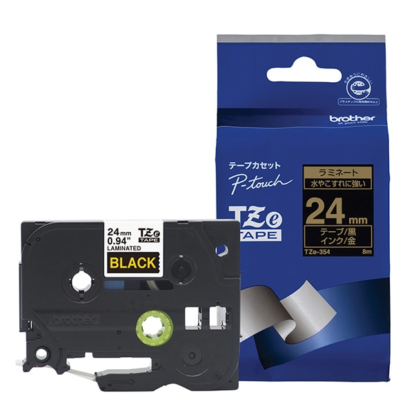 ラベルライターピータッチ用 ラミネートテープ 黒テープ 金文字 幅24mm 長さ8m TZe-354