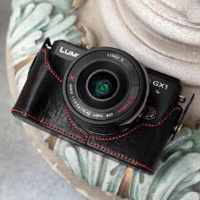 LUMIX DMC-GX1専用 本革速写ケース ブラック/レッド CSJ-GX1-11