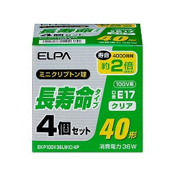 白熱電球 ミニクリプトン球 長寿命タイプ E17口金 100V 40W形（36W） 35mm径 クリア 4個入 EKP100V36LWC4P