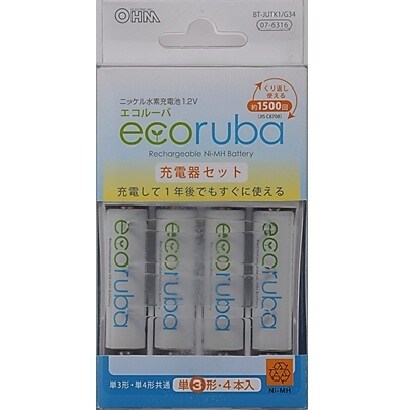 ECORUBA 充電器セット 単3・単4形電池兼用 単3形ニッケル水素電池4本付 最大4本まで充電可能 BT-JUTK1/G34