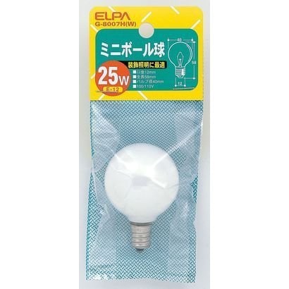 白熱電球 ミニボールランプ E12口金 100-110V 25W バルブ径40mm ホワイト G-8007H(W)