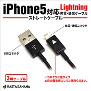 Lightningケーブル iPhone5対応USB充電・通信ケーブル ブラック 3m RBHE152