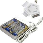 単3×4本タイプ RM-2508WH 5s/5c対応 4in1コネクタ付 microUSB充電ケーブル一体型 電池交換式充電器 ホワイト