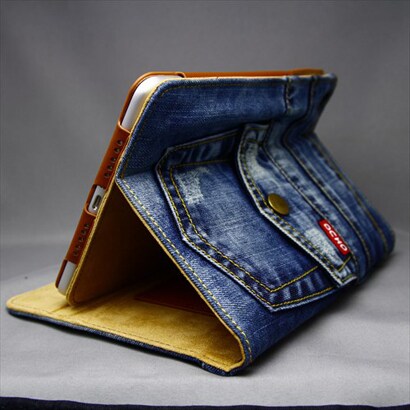 iPad mini用 左右開閉型 立てかけ可 ジーンズモチーフ・オシャレケース 合皮×布 ブルー×ブラウン MINIOPAL CASE 20932