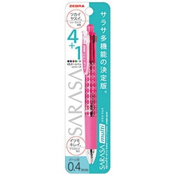 多機能ペン サラサマルチ ボール径：0.4mm ノック式 インク色：4色（黒・青・赤・緑） シャープペン芯径：0.5mm 本体色：ピンク 可動式バインダークリップ搭載 グラスカット加工 パック仕様 P-J4SAS11-P