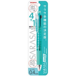 多機能ペン サラサマルチ ボール径：0.4mm ノック式 インク色：4色（黒・青・赤・緑） シャープペン芯径：0.5mm 本体色：ブルーグリーン 可動式バインダークリップ搭載 グラスカット加工 パック仕様 P-J4SAS11-BG