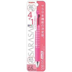 多機能ペン サラサマルチ ボール径：0.5mm ノック式 インク色：4色（黒・青・赤・緑） シャープペン芯径：0.5mm 本体色：ピンク 可動式バインダークリップ搭載 グラスカット加工 パック仕様 P-J4SA11-P
