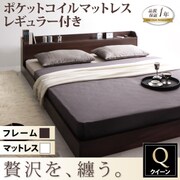 棚 コンセント付きモダンデザインフロアベッド Lucious(ルーシャス) ポケット レギュラー付き クイーン ダークブラウン/アイボリー YS-39124