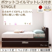 YS-40881 [組立設置付 ショート丈ガス圧式跳ね上げ収納ベッド Vogel（フォーゲル） ラージ シングル 横開き ポケットコイルマットレス付 ヘッドボード付 ダークブラウン]