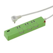 00-1428 USB充電ポート付き 押しボタン節電タップ 3個口 1.5m グリーン HS-T1428G
