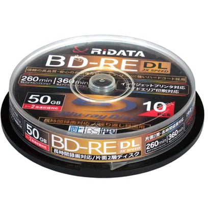 RiDATA ライデータ録画用BD-RE DL 10枚 スピンドルケース 260分 2倍速 インクジェットプリンタ対応 BD-RE260PW 2X.10SP AΩ