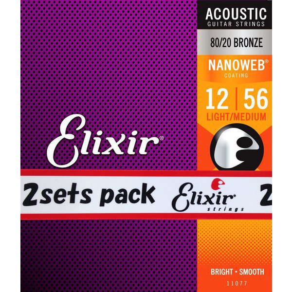 ELIXIR エリクサー#11077（2pack） [アコースティックギター弦 NANOWEB（ナノウェブ） コーティング弦 80/20ブロンズ Light Medium .012-.056 #11077 2個セット]Ω