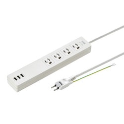電源タップ USB付き マグネット 4個口 2m USB A×3 出力合計3A 抜け止め 折りたたみ式プラグ 絶縁キャップ付き コンセントキャップ2個 ネームタグ4枚 ホワイト TAP-F37U-2