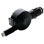 シガーチャージャー Type-C リールタイプ USBポート付 おまかせ充電 60cm 3A ブラック MPA-CCC04BK