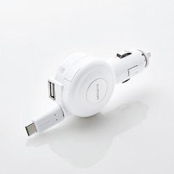 シガーチャージャー Type-C リールタイプ USBポート付 おまかせ充電 60cm 3A ホワイト MPA-CCC04WH