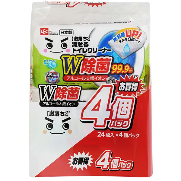 激落ちくん 流せる除菌トイレクリーナー (24枚入×4個パック) 99.9％除菌 [トイレ清掃用品]