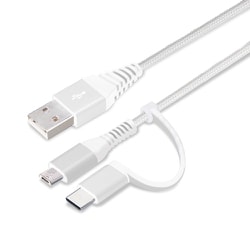 変換コネクタ付き 2in1 USBケーブル(Type-C＆micro USB)高耐久 ナイロン 15cm ホワイト＆シルバー PG-CMC01M02WH