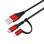 変換コネクタ付き 2in1 USBケーブル(Lightning&micro USB)高耐久 ナイロン 15cm レッド&ブラック PG-LMC01M01BK