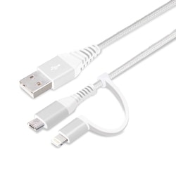 変換コネクタ付き 2in1 USBケーブル(Lightning＆micro USB)高耐久 ナイロン 15cm ホワイト＆シルバー PG-LMC01M02WH