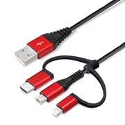 変換コネクタ付き 3in1 USBケーブル(Lightning&Type-C&micro USB)高耐久 ナイロン 15cm レッド&ブラック PG-LCMC01M01BK