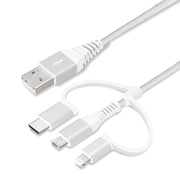 PG-LCMC05M02WH [変換コネクタ付き 3in1 USBケーブル(Lightning＆Type-C＆micro USB)高耐久 ナイロン 50cm ホワイト＆シルバー]