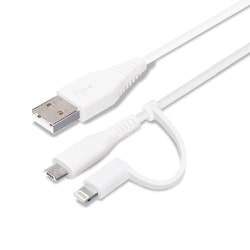 変換コネクタ付き 2in1 USBケーブル(Lightning＆micro USB)耐久性 15cm ホワイト PG-LMC01M04WH