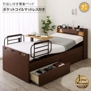棚・照明・コンセント・引出し収納付き電動ベッド ポケットコイルマットレス付き お客様組立 1モーター 対応寝具幅：シングル 対応寝具奥行：レギュラー丈 フレームカラー：ダークブラウン YS-220119