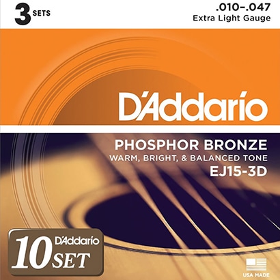 D'Addario ダダリオ  EJ15-3D x10 [アコースティックギター弦 フォスファーブロンズ Extra Light .010-.047 3set入りパック ×10セット]