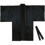 サテンロングハッピ袖付 黒 L(ハチマキ付)