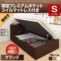 組立設置付 通気性抜群 棚コンセント付 跳ね上げベッド Prostor 薄型プレミアムポケットコイルマットレス付き 横開き 対応寝具幅：シングル 対応寝具奥行：レギュラー丈 深さ：グランド フレームカラー：ホワイト YS-113000