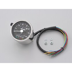 機械式スピードメーター φ60 ホワイトLED照明 インジケーター付き ステンレスボディ/ブラックパネル 140km/h 15637