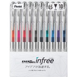 ゲルインキボールペン ENERGEL infree（エナージェル インフリー） 0.5mm ノック式 10色セット 本体色：クリア ニードルチップ 速乾 BLN75TL-10